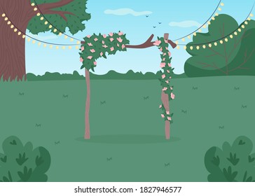 Backyard wedding flat color vector illustration. Floral arch with light garland. Rustic arrangement for matrimony ceremony. Gate with flowers. Party 2D cartoon landscape with sea on background