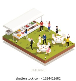 Backyard Wedding Reception Catering With Outdoor Buffet And Waiters Serving Tables On Grassy Area Isometric Vector Illustration 