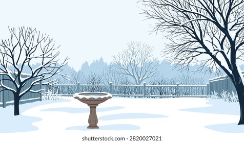 Backyard winter landscape with a stone birdbath in the middle of a snow covered lawn surrounded by bare trees and a wooden fence.