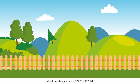 Backyard, Wooden Fence, Cartoon Lawn Vector Panorama. Backyard Scenery, Scenic Landscape, Countryside Recreation, Scene With Trees. Green Hills, Natural Environment. Valley Flat Illustration