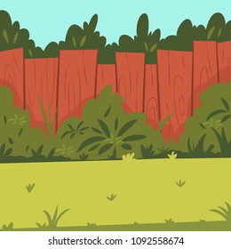 Backyard with wooden fence, garden, bushes and tree. Vector cartoon illustration.