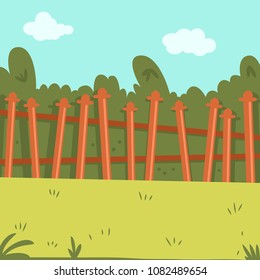 Backyard with wooden fence, green grass and bushes. Vector cartoon illustration.