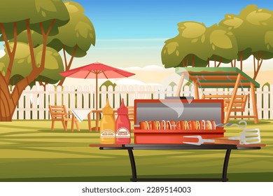 Backyard with wooden fence hedge and chair with tables bbq grill sunny summer sky on background vector illustration