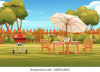 Backyard with wooden fence hedge and chair with tables bbq grill sunny summer sky on background vector illustration