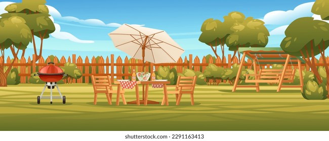 Hinterhof mit Holzzaun-Hecke und Stuhl mit Tischen Grill sonniger Sommerhimmel auf Hintergrund, Vektorgrafik