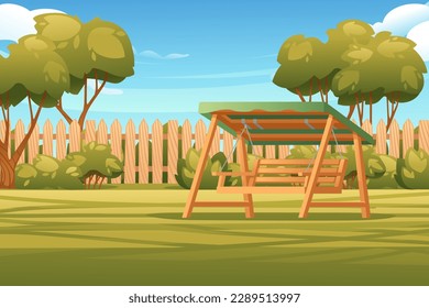 Backyard with wooden fence hedge sunny summer sky on background vector illustration