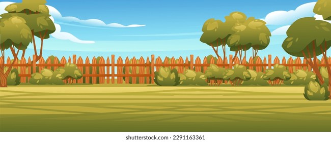 Backyard with wooden fence hedge sunny summer sky on background vector illustration