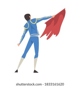 Bacl View of Bullfighter with Red Cape, Toreador Character Dressed in Traditional Costume, Spanish Corrida Performance Cartoon Style Vector Illustration