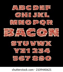 Bacon Alphabet. Pork meat textured typeface. Vintage bacon slice pattern lettering. Illustrative typography. Meat font. Tasty appetizing look. Roast ham alphabet headline