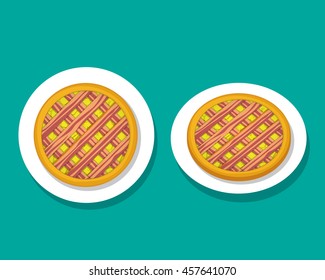 Bacon apple pie on white plate, top view, vector