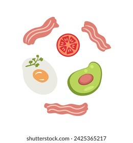 Bacon, avocado and egg harmony vector doodle collection. Perfect print for sticker, poster, banner. Hand drawn isolated vector illustration.


