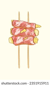 Bacon with baby corns kebab in ingredients illustration