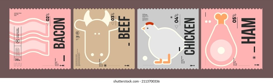 Bacon, beef, chicken, ham. Farmer's products. A set of vector labels in a modern, minimalist style. Geometric icons and elements. 