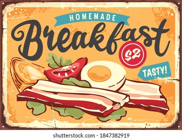 Bacon, Boiled Eggs And Ingredients Retro Tin Sign Ad For Diner Or Restaurant. Breakfast Menu Vintage Food Poster Layout. Vector Sign.