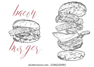 Bacon burger with minced meat, onion, mayo, ketchup, cheese, bacon and bread buns. Line art vector hand drawn monochrome burger.