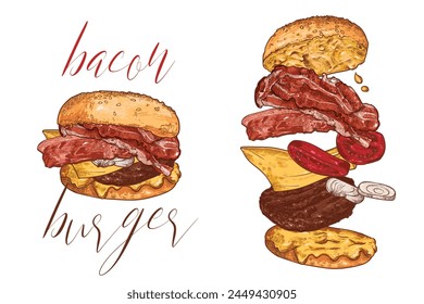 Bacon burger with minced meat, onion, mayo, ketchup, cheese, bacon and bread buns. Line art vector hand drawn monochrome burger.