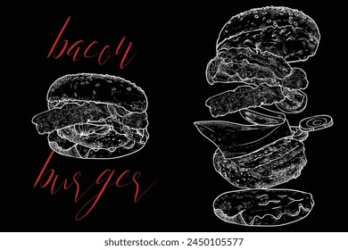 Bacon burger with minced meat, onion, mayo, ketchup, cheese, bacon and bread buns. Line art vector hand drawn monochrome burger.