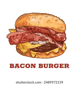 Bacon burger with minced meat, onion, mayo, ketchup, cheese, bacon and bread buns. Line art vector hand drawn and colored. Ingredients are grouped separately.