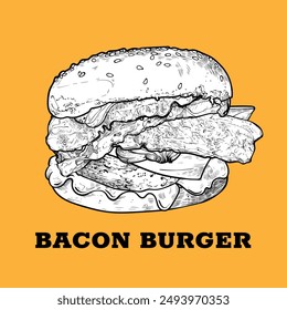 Bacon burger with minced meat, onion, mayo, ketchup, cheese, bacon and bread buns. Line art vector hand drawn black outline and white fill on orange background. Ingredients are grouped separately.