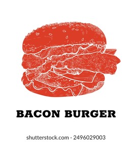 Bacon burger with minced meat, onion, mayo, ketchup, cheese, bacon and bread buns. Vector hand drawn flat fill in red. The vector is one united shape.