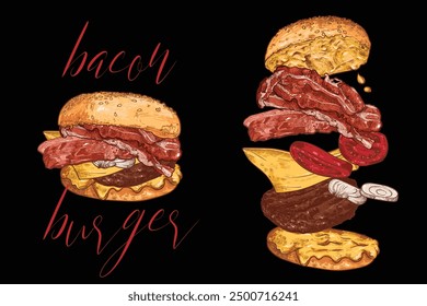 Bacon burger with minced meat, onion, mayo, ketchup, cheese, bacon and bread buns. Line art vector hand drawn and colored. Ingredients are grouped separately. Flying separate ingredients.