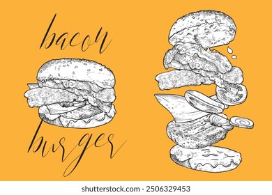 Bacon burger with minced meat, onion, mayo, ketchup, cheese, bacon and bread buns. Line art vector hand drawn and colored. Ingredients are grouped separately.