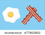 Bacon and egg breakfast, bacon strips and fried egg vector illustration, isolated on blue background.
