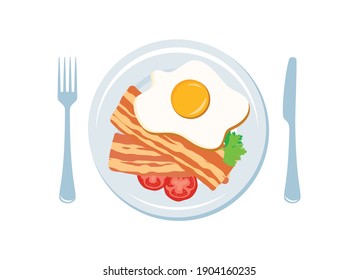 Bacon and egg on a plate top view icon vector. Breakfast with bacon and egg vector. Bacon, tomato and fried egg on plate icon isolated on a white background