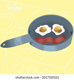 Bacon and eggs arranged in a smile on a frying pan.