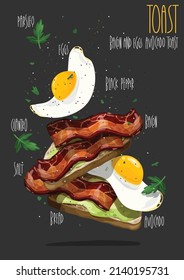 Bacon and eggs avocado toast. Vector illustration