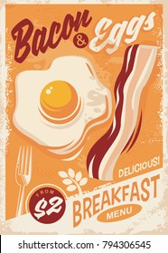 Bacon and Eggs breakfast menu retro promo poster design on old paper texture