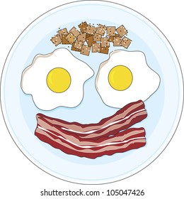 A bacon and eggs breakfast on a plate,  forming of a smiley face.