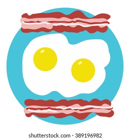 A bacon and eggs breakfast on a plate,  forming of a smiley face. 