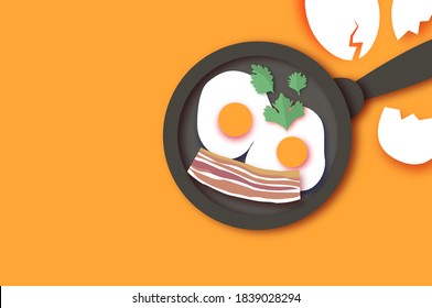 Bacon, eggs and cooking pan with handle. Omelet papercut style. Farm products. Fast food. Natural product. Food ingredients. Smiling breakfast. Orange background.