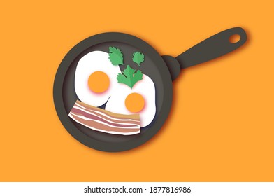 Bacon, eggs and cooking pan with handle. Omelet papercut style. Farm products. Fast food. Natural product. Food ingredients. Slices of crisp bacon. Ham. Orange.