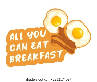Bacon and eggs dish in cafe, restaurant or bistro. Isolated promotional banner or logotype of store. All you can eat breakfast, tasty food and meals for every day eating. Vector in flat style
