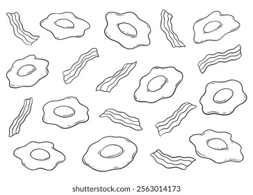 Bacon and Eggs doodle set. Cartoon illustration vector illustration background. Sunny Side up pattern for web and digital media