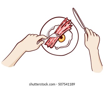 Bacon and eggs with eyeball and meat paw. Halloween lunch clip-art, isolated on white. Hand drawn sketchy icon, design element for halloween