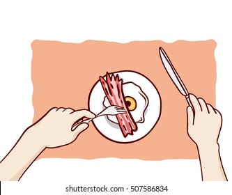 Bacon and eggs with eyeball and meat paw. Halloween lunch clip-art. Hand drawn sketchy icon, design element for halloween