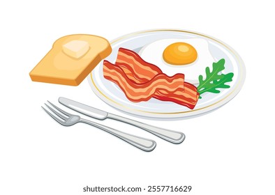 Bacon and Eggs on a plate and toasted bread icon vector. Fried egg with bacon on a plate icon isolated on a white background. Bacon, fried egg, arugula, toast, cutlery vector illustration