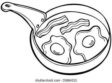 Bacon Eggs Pan Cartoon Line Art