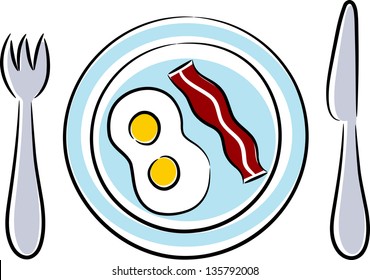 Bacon, eggs, plate, fork, and knife