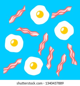 Bacon and eggs seamless pattern. Fried egg yolks with bacon stripes on blue background. English continental breakfast.