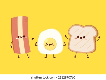 Bacon, Fried egg and Bread character design. Food character design. Toast.