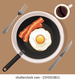 desayuno de huevos fritos con beicon con café