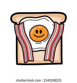 Bacon with fried egg smile on sliced bread breakfast hand drawing doodle cartoon character flat vector design.