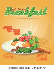 Bacon with fried eggs, green peas, tomatoes, cucumbers and toast. Poster cafe.