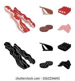 Bacon, ham, pork ribs, fried cutlets. Meat set collection icons in cartoon,black style vector symbol stock illustration web.