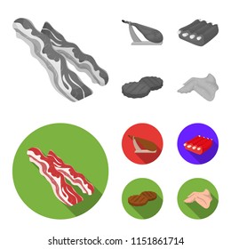 Bacon, ham, pork ribs, fried cutlets. Meat set collection icons in monochrome,flat style vector symbol stock illustration web.