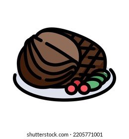 Bacon icon. Filled outline design. Artisanal whole smoked slab bacon and fresh vegetables on white plate. For presentation, graphic design. Vector Illustration.